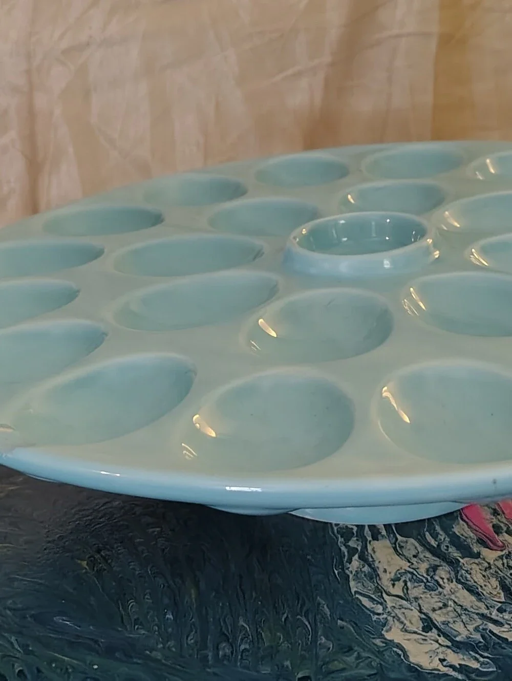 Posh Tag Light Aqua Ceramic Footed Deviled Egg Platter w/ Center Dip Bowl 12.5